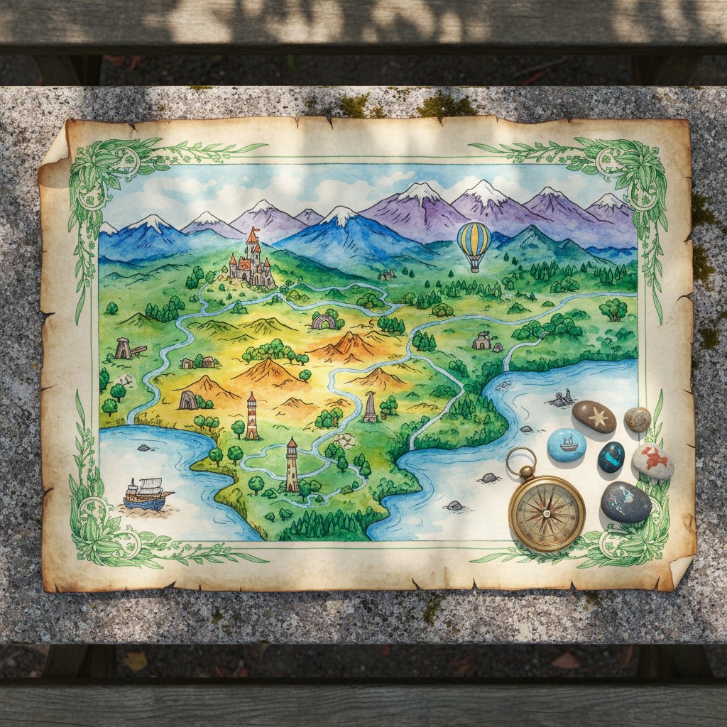 A fantasy map of a landmass with rolling hills, rivers, castles and tall towers, and snowy mountains; a hot air balloon; a...