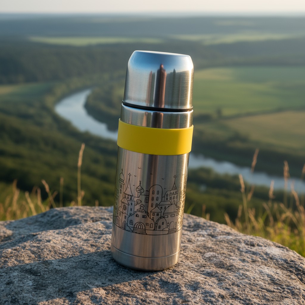 The image depicts a vacuum-insulated thermos with a silver finish, featuring a yellow band, placed on a rocky outcrop over...