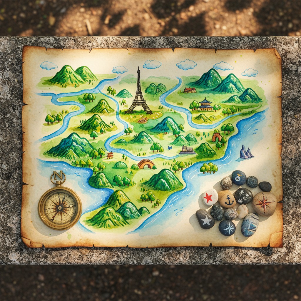 Illustration of a treasure map with a compass and various nautical icons. The map features an illustrated landscape and a ...