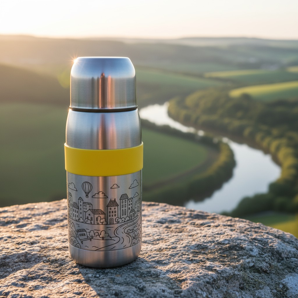 Bottle sitting on a stone with a blurred landscape and river background in the background, the sun is shining at sunrise o...